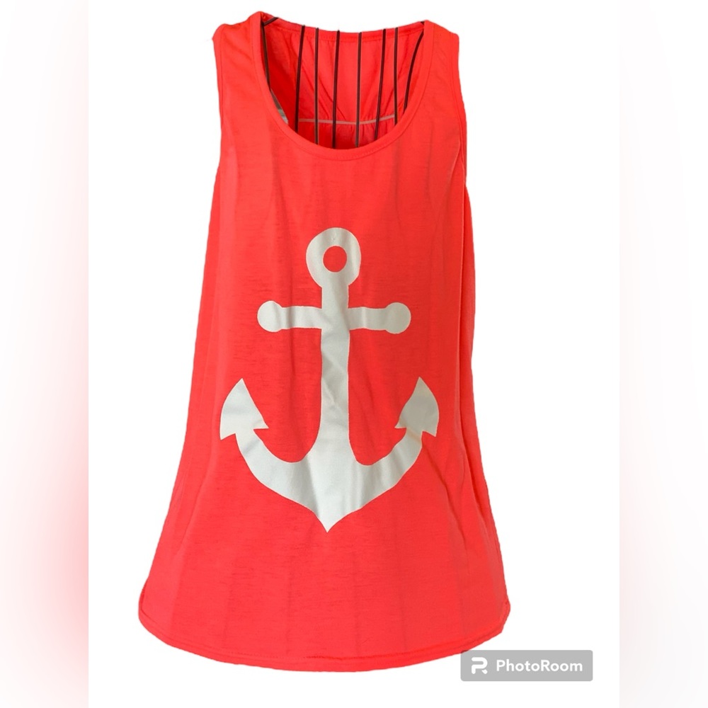 Cute coral color tank with blue bow in back size medium